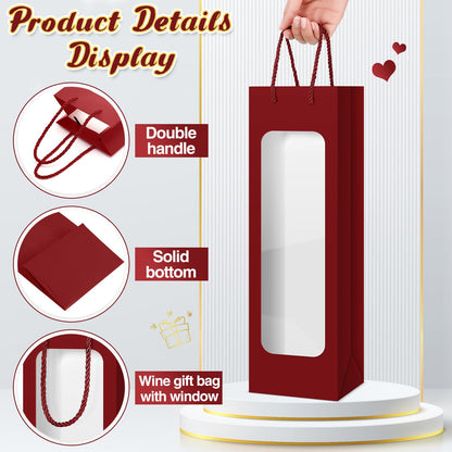 Tioncy 24 Pcs Single Wine Bottle Gift Bag Bulk Wedding Champagne Boxes with Clear Window Handles Reusable Holiday Party Favor(Burgundy)