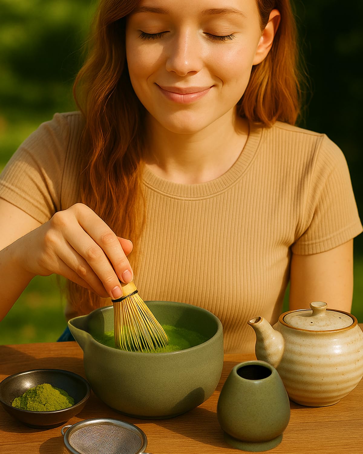 20OZ Matcha Whisk Set - 5PCS Japanese Tea Set Includes Matcha Bowl with Spout, Bamboo Whisk with Ceramic Holder, Bamboo Scoop and Sifter, Matcha Kit for Ceremony, Gift for Matcha Lovers (Matcha Green)