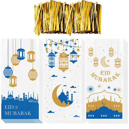 Aviski 150PCS Eid Mubarak Party Treat Bags, Ramadan Theme Printed Pattern Gift Bags Cellophane Clear Plastic Goodie Favor Bags with Silver Twist Ties for Eid Mubarak Party, 10.6 × 5.1inch