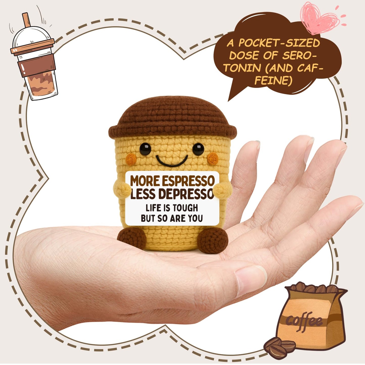 Funny Coffee Lover Gifts for Women Men - Encouragement Gifts for Coworker Friend - Handmade Crochet Coffee - Unique Inspirational Desk Decor & Thinking of You Gift