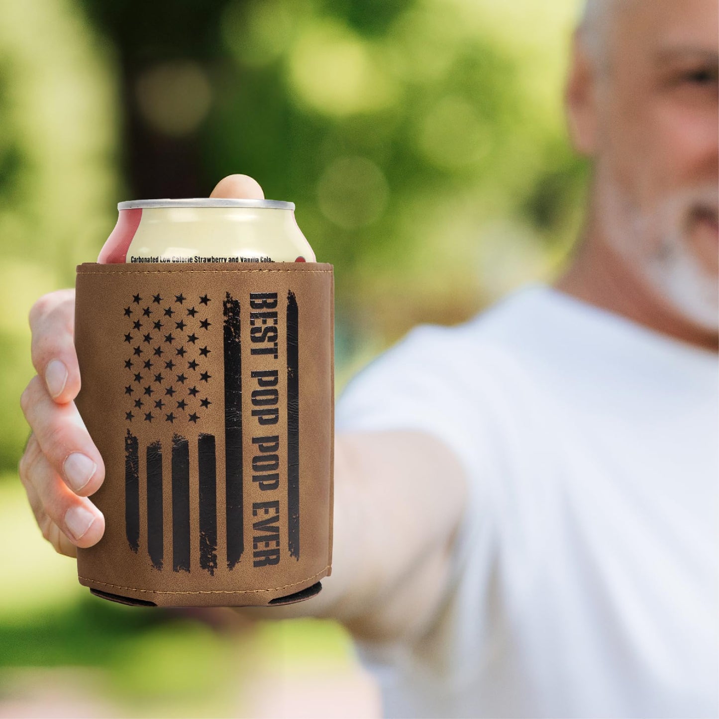 Best Pop Pop Gifts – Funny PU Leather Can Cooler Sleeve for PopPop from Grandkids, Fathers Day Birthday Christmas Gift Idea, Fits 12 Oz Cans
