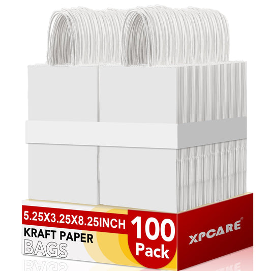 XPCARE 100Pcs Paper Gift Bags 5.25x3.25x8.25'', Small Paper Bags with Handles Bulk, Kraft Paper for Birthday Party Favors, Shopping, Retail White