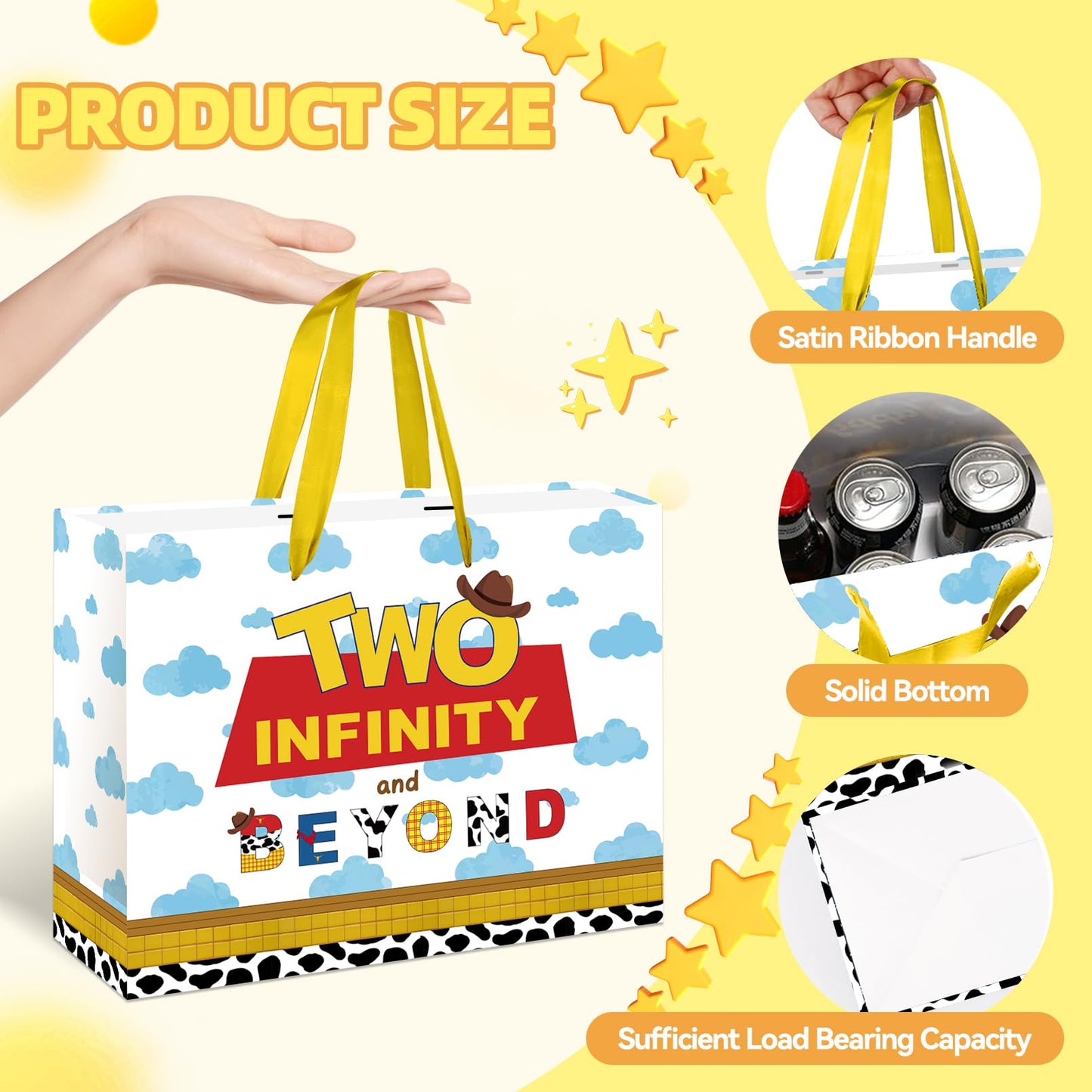 ONANNA Two Infinity and Beyond Birthday Gift Bag with Tissue Paper and Greeting Card Cartoon Boy 2nd Birthday Gifts Wrapping Bag 2 Year Old Birth Day Decorations Supplies