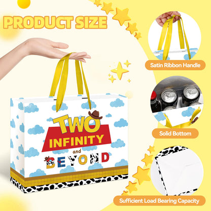 ONANNA Two Infinity and Beyond Birthday Gift Bag with Tissue Paper and Greeting Card Cartoon Boy 2nd Birthday Gifts Wrapping Bag 2 Year Old Birth Day Decorations Supplies