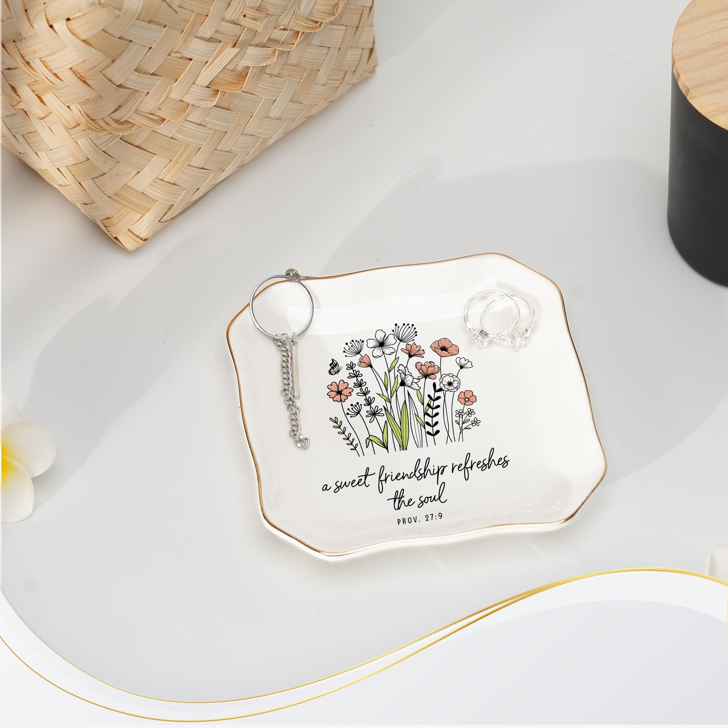 HEXMOZ Friendship Gifts for Women, Best Friend - Friend Birthday Ideas Gift, Soul Sister Gift for Women Christian - Sweet Friendship 4.5"X4.5" Floral Ceramic Jewelry Dish Tray - Tricket Dish