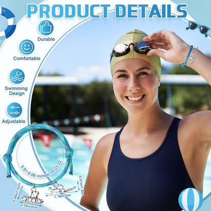 Huquary 30 Pcs Swimming Bracelets Gift Bulk Blue Swim Adjustable Braided Rope Cord with I love Swimming Charm Appreciation Supplies for Swim Team Coach Teen Swimmer Birthday Action Sport Party Favor