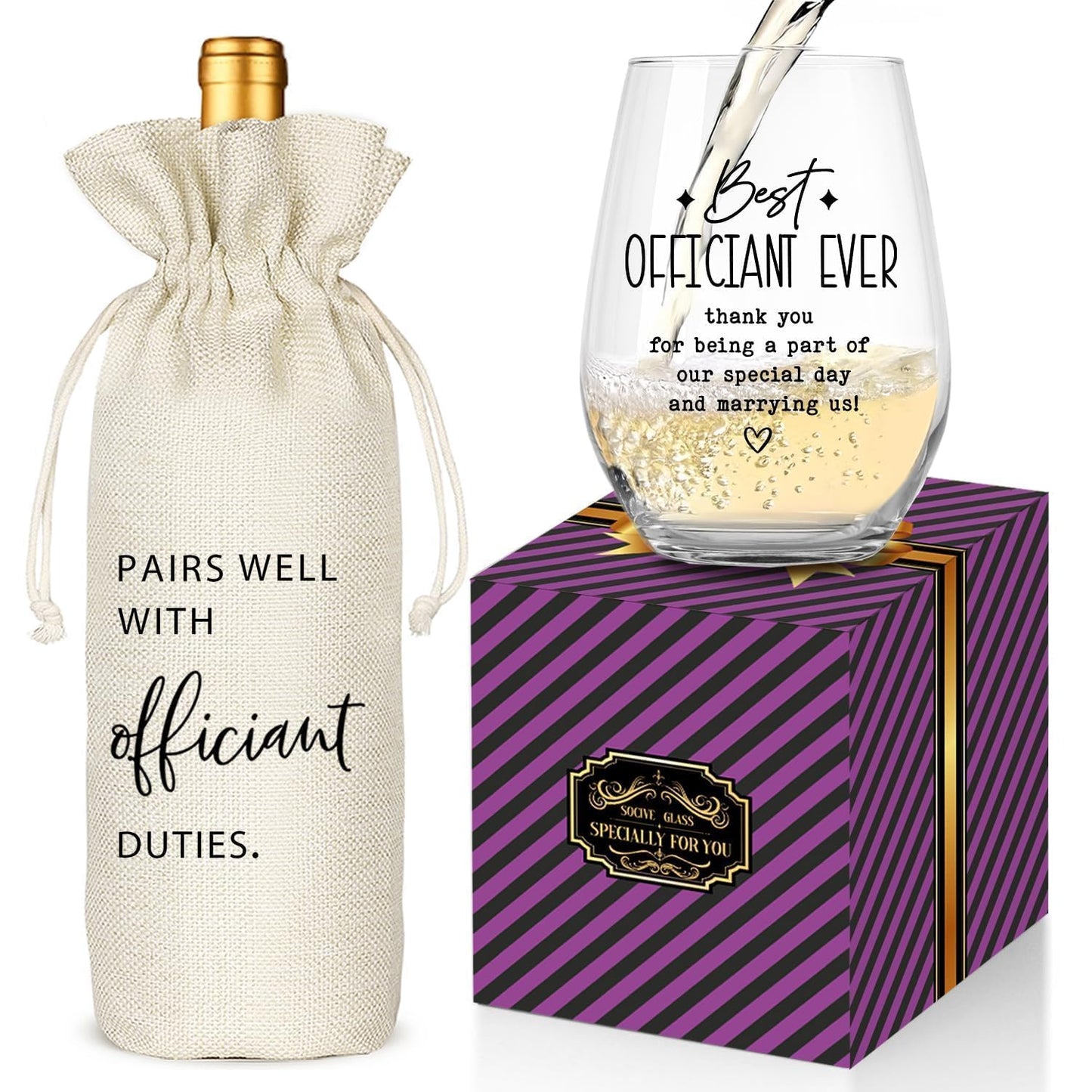 Wedding Officiant Gifts Wine Bag, Best Officiant Ever Gifts from Couple, Bride Groom Thank You Wedding Gift, Funny Wine Glass and Wine Bag Set(Officiant-Beige)