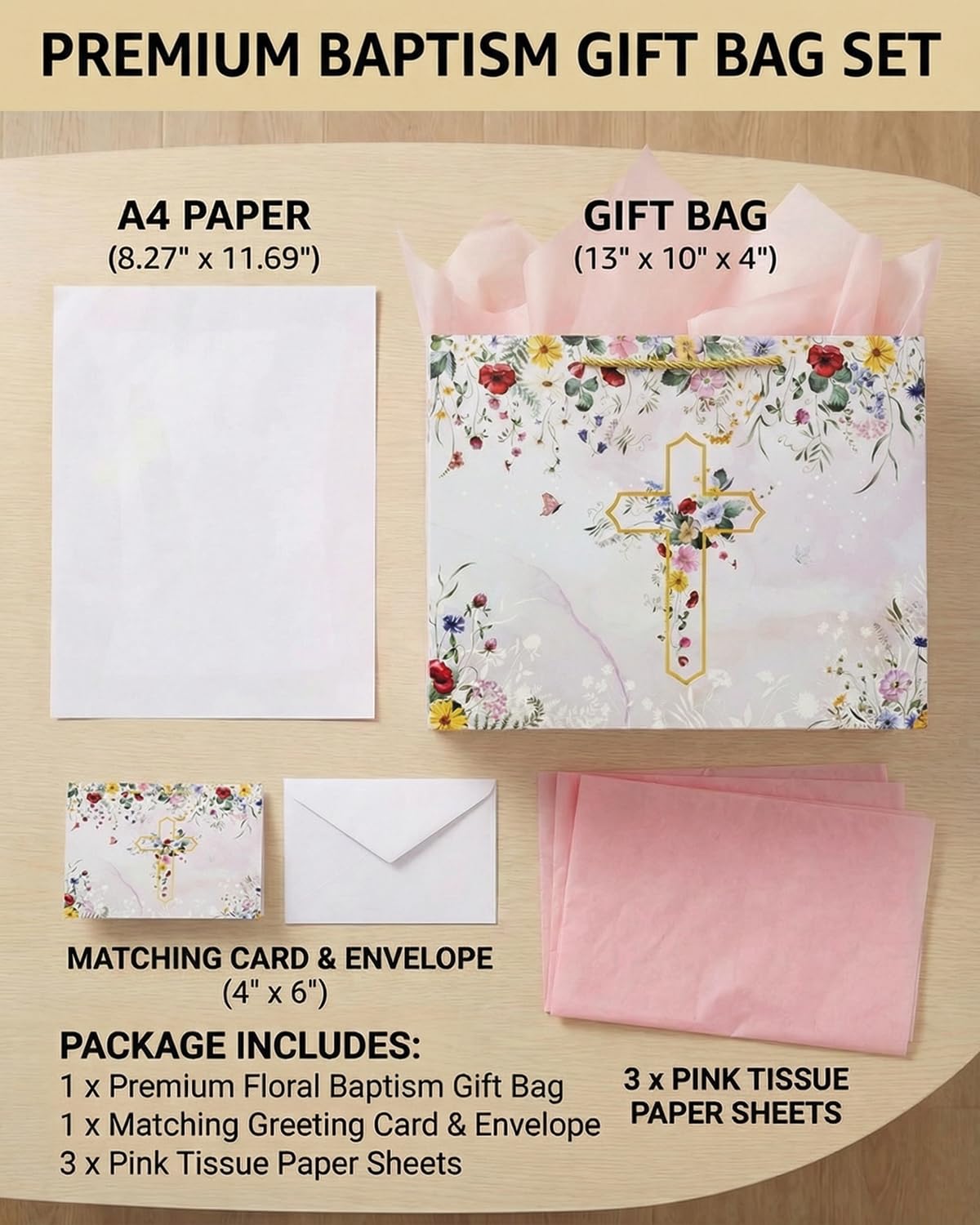 GFInYHM 13" Wildfloral Gold Cross Gift Bag Set with Greeting Card and Tissue Papers for First Communions, Baby Boy Girl Baptisms, Christenings, Wedding, Religious Occasions