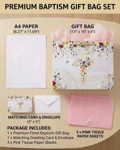 GFInYHM 13" Wildfloral Gold Cross Gift Bag Set with Greeting Card and Tissue Papers for First Communions, Baby Boy Girl Baptisms, Christenings, Wedding, Religious Occasions