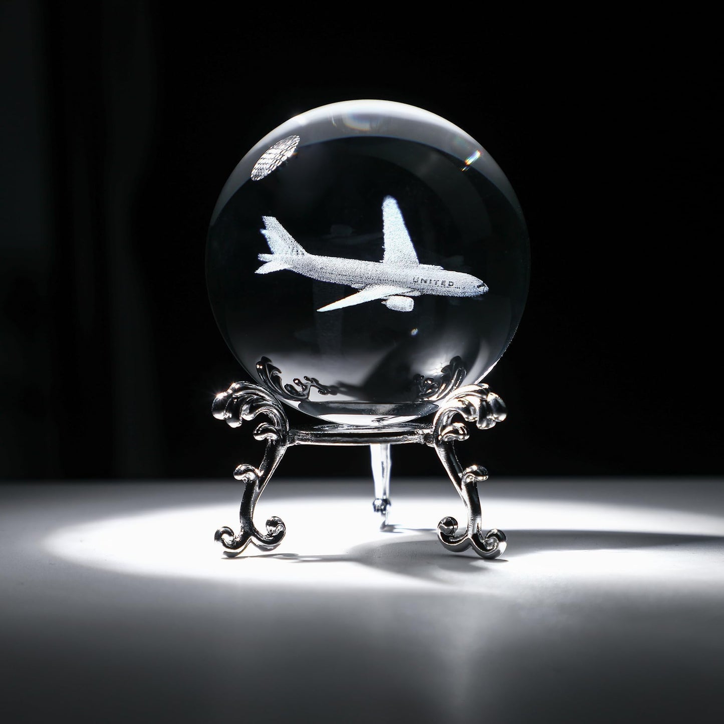 HDCRYSTALGIFTS 60mm 3D Lase Engraved Airplane Crystal Ball with Stand Glass Sphere Plane Paperweight Decor Pilot Gifts for Men Women
