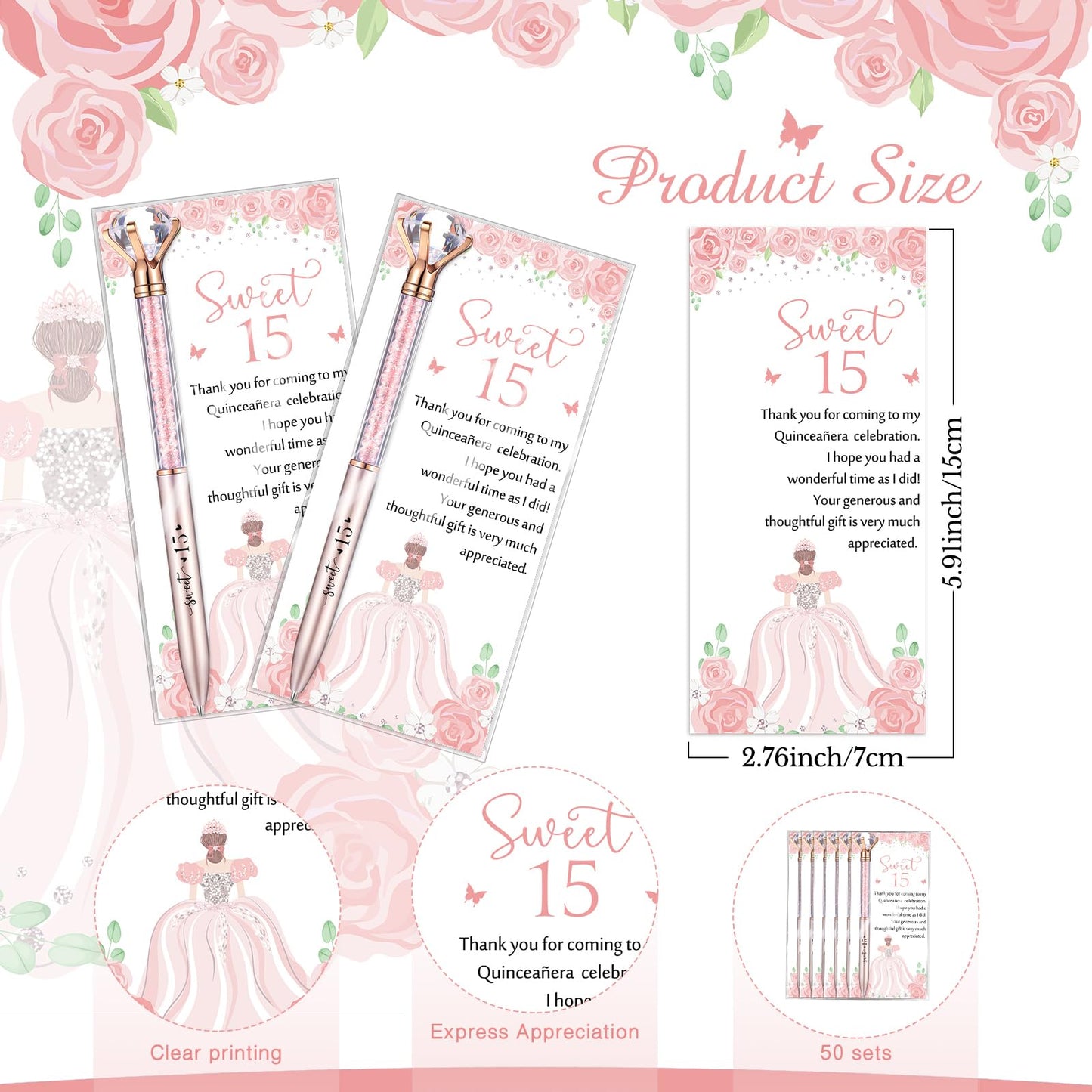 Sayglossy 50 Sets Quinceanera Party Favors Sweet 15th Thank You Gifts Diamond Pens with Thank You Cards Retractable Ballpoint Bling Pens 15 Birthday Gifts for Guests (Rose Gold)