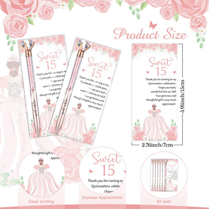 Sayglossy 50 Sets Quinceanera Party Favors Sweet 15th Thank You Gifts Diamond Pens with Thank You Cards Retractable Ballpoint Bling Pens 15 Birthday Gifts for Guests (Rose Gold)