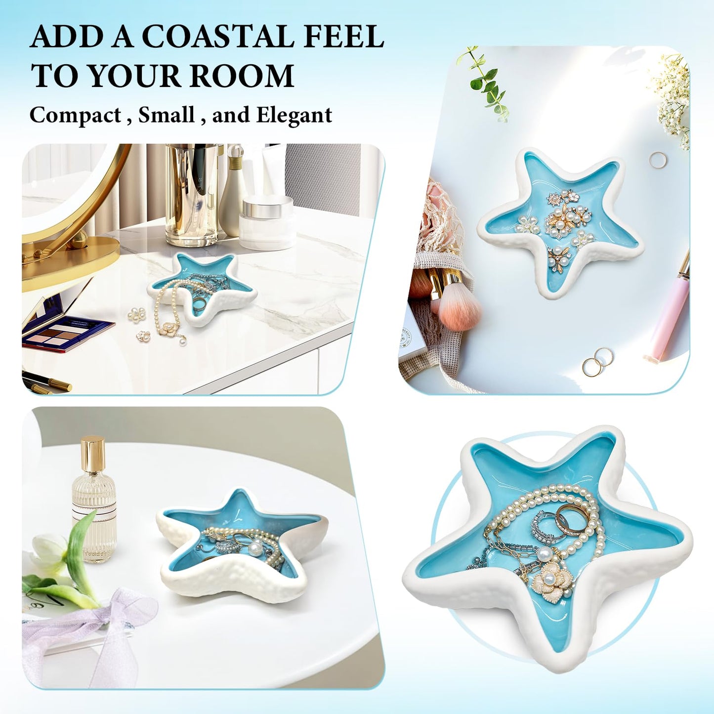 Starfish Jewelry Dish Ceramic Trinket Tray - Ocean Themed Ring Holder for Earrings, Necklaces, Beach & Bathroom Organizer with Glossy Glaze, Coastal Room Decor Gift for Women