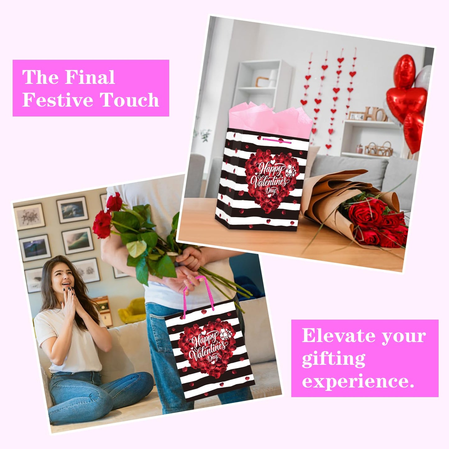 GMEMNOV Happy Valentines Day Gift Bag - 13" Large Valentines Bag with Tissue Paper & Handles, Valentine's Gift Bags for Her Him, Girlfriend Boyfriend, Wife Husband, Women Men Party & Celebrations