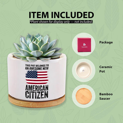 This Pot Belongs to an Awesome New American Citizen Ceramic Succulent Plant Pot with Bamboo Tray Round Citizenship Gifts American Flag Plant Lover Gifts Home Decor 3.5 Inch White (No Plants)