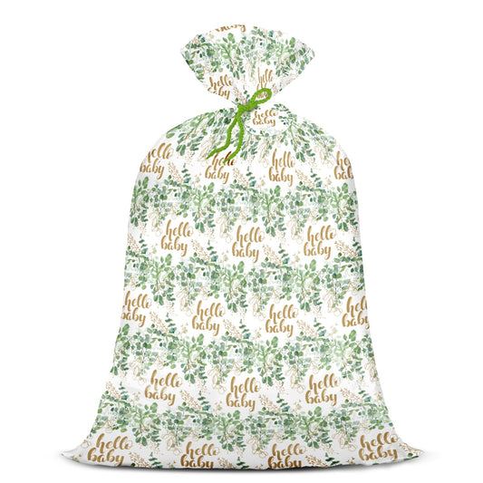 WRAPAHOLIC 56" Extra Large Neutral Baby Plastic Gift Bag - Eucalyptus Leaves Jumbo Bike Bag Gift Wrap for Baby Shower Favors Holiday - 56" H x 36" W