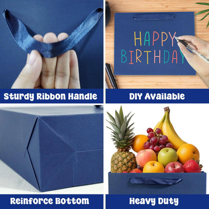 Padiaet 6 Pack Medium 10.5"x4"x8.1" Blue Gift Bags with Tissue Papers, Kraft Shopping Bags with Ribbon Handles, Retail Wrapping Set for All Occasions