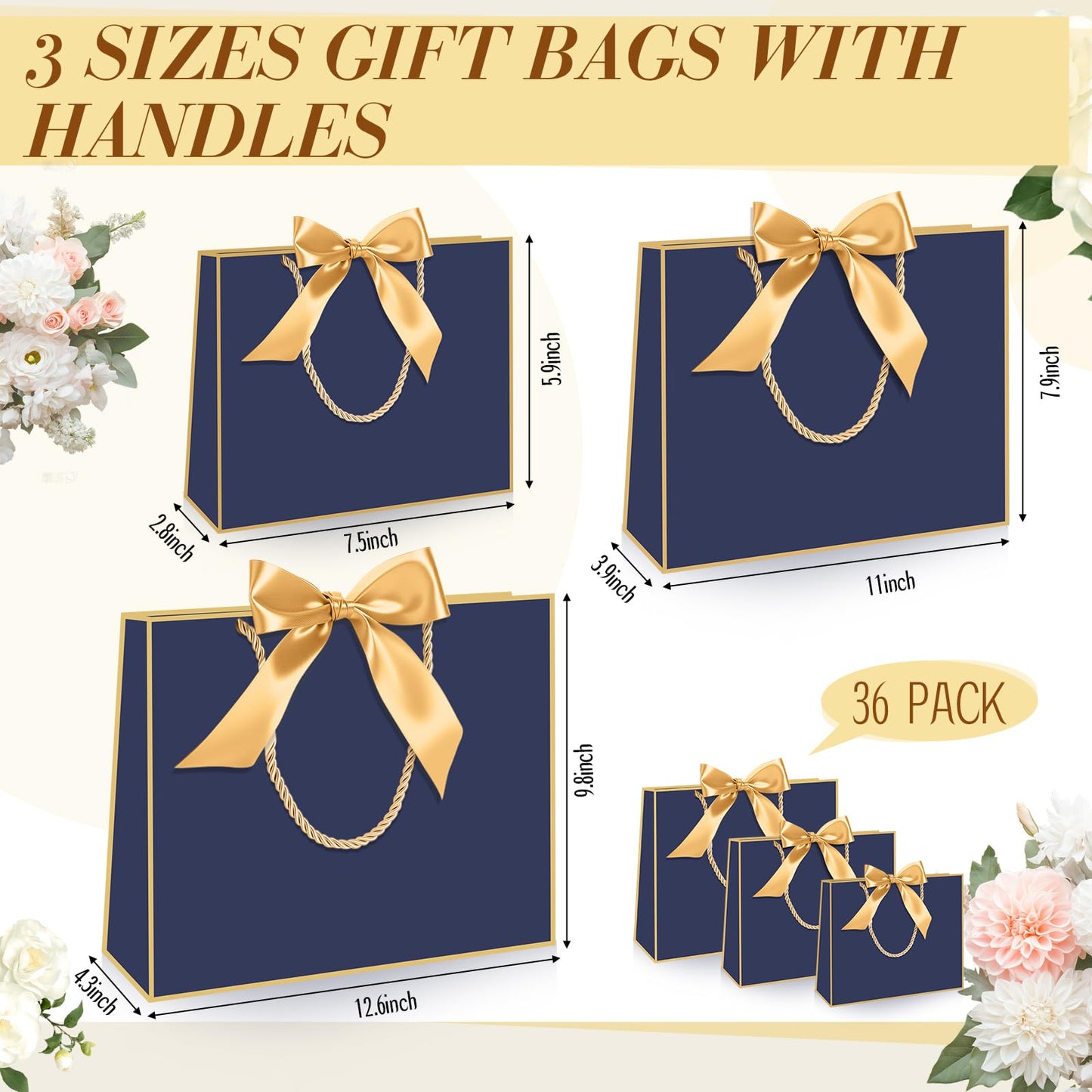 Tosstuki 36 Pack Thank You Gift Bags with Handle 3 Sizes Welcome Bags Thank You Return Gifts with Bow Ribbon for Birthday Party Wedding Bridesmaid(Navy Blue,Gold)