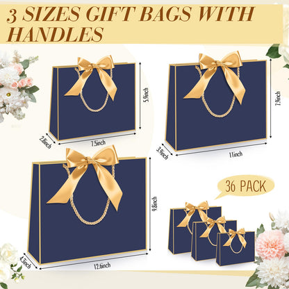 Tosstuki 36 Pack Thank You Gift Bags with Handle 3 Sizes Welcome Bags Thank You Return Gifts with Bow Ribbon for Birthday Party Wedding Bridesmaid(Navy Blue,Gold)