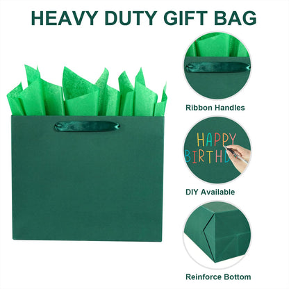 Elegant Green Gift Bag 11.8"x4.5"x9.8" with Ribbon Handles, Includes Card and Tissue Papers, Perfect for Birthdays, Weddings, Parties, Holidays, Baby Shower