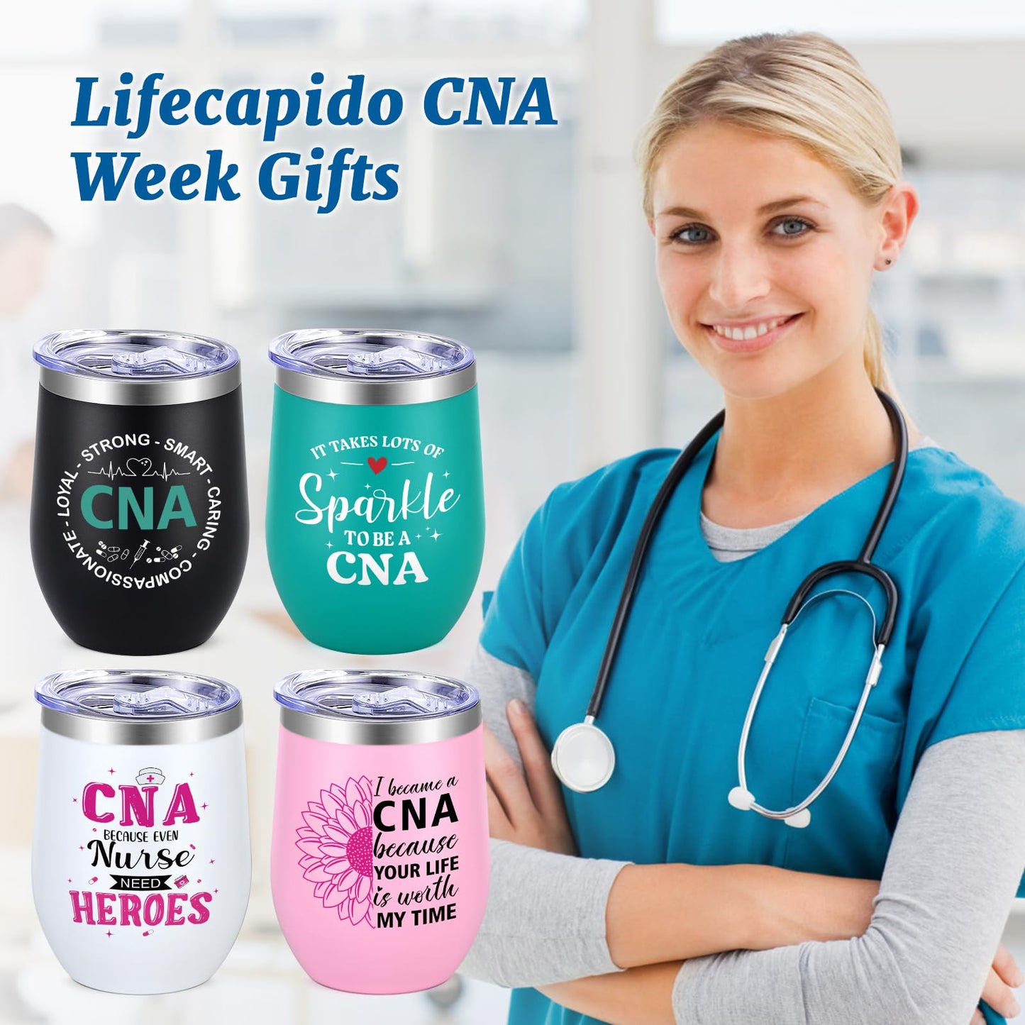 Lifecapido CNA Week Gifts Bulk 2026, 4 Pack 12oz Insulated Wine Tumblers with Badge Reels, Ballpoint Pens and Keychains, CNA Gifts for Certified Nursing Assistants Women