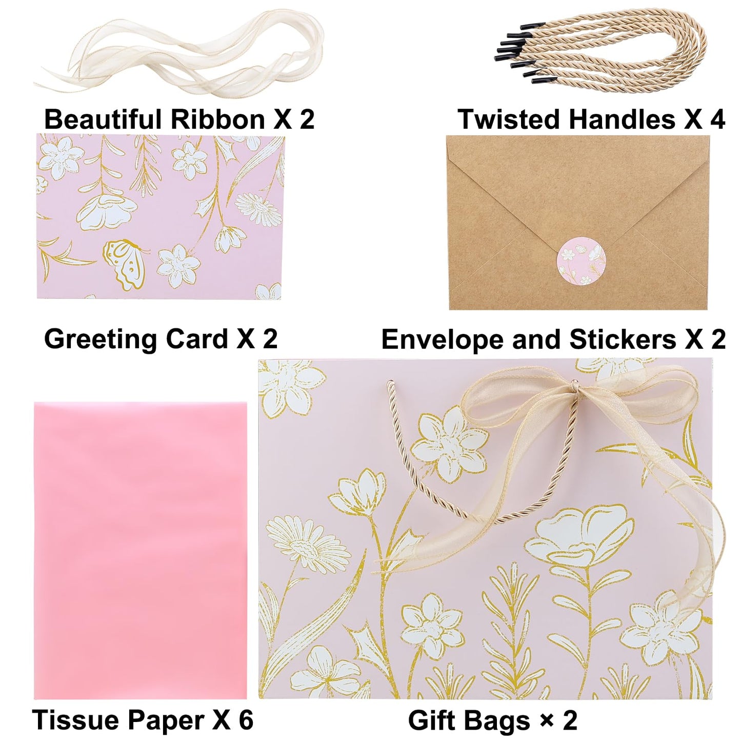Vkkperp 2Pcs 12.6" Large Light pink Gift Bags Set with Handles including Tissue Paper Envelope Sticker Greeting Card and Bow Ribbon for Wedding Party, Birthday, Mother’s Day, Valentine's Day