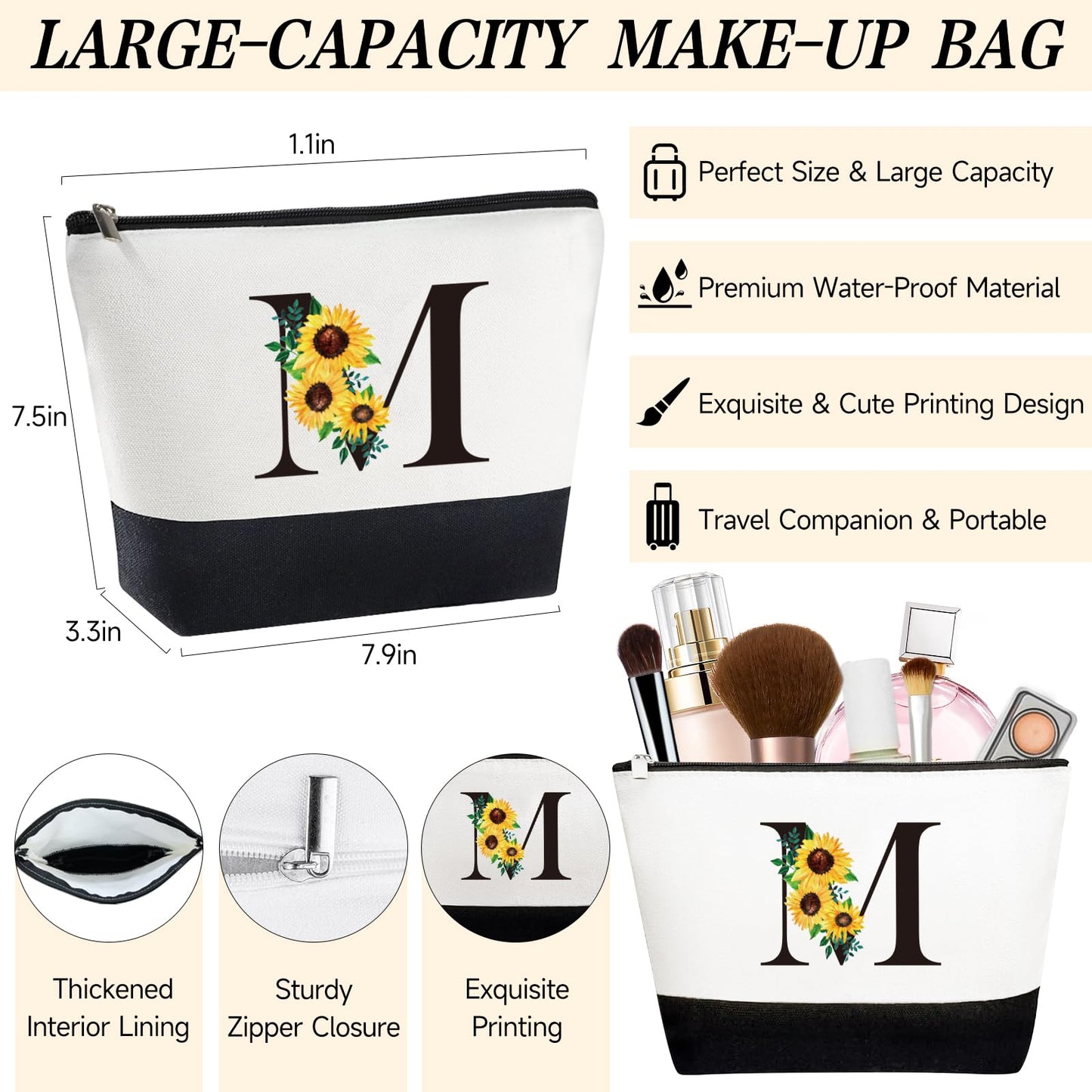 Personalized Gifts for Women, Monogrammed Gifts for Women, Initial Monogram Sunflower Birthday Mothers Day Gift for Mom Sister Best Friends - Monogrammed Canvas Tote Bag & Makeup Bag & Glass Cup M
