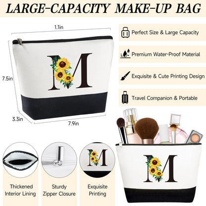 Personalized Gifts for Women, Monogrammed Gifts for Women, Initial Monogram Sunflower Birthday Mothers Day Gift for Mom Sister Best Friends - Monogrammed Canvas Tote Bag & Makeup Bag & Glass Cup M