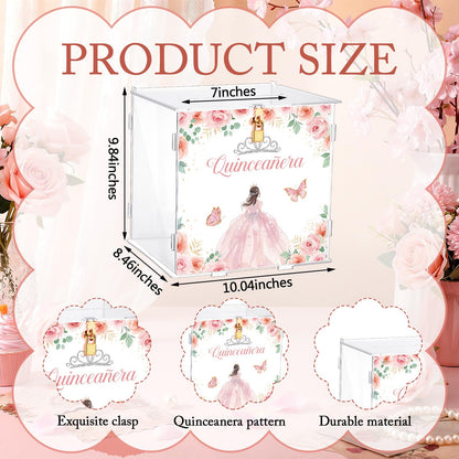 Novabright Quinceanera Money Cash Box Quinceanera Acrylic Cardholder Gift Box with Lid and Lock for Sweet 15th Birthday Coming of Age Ceremony Quinceaneras Party Decor
