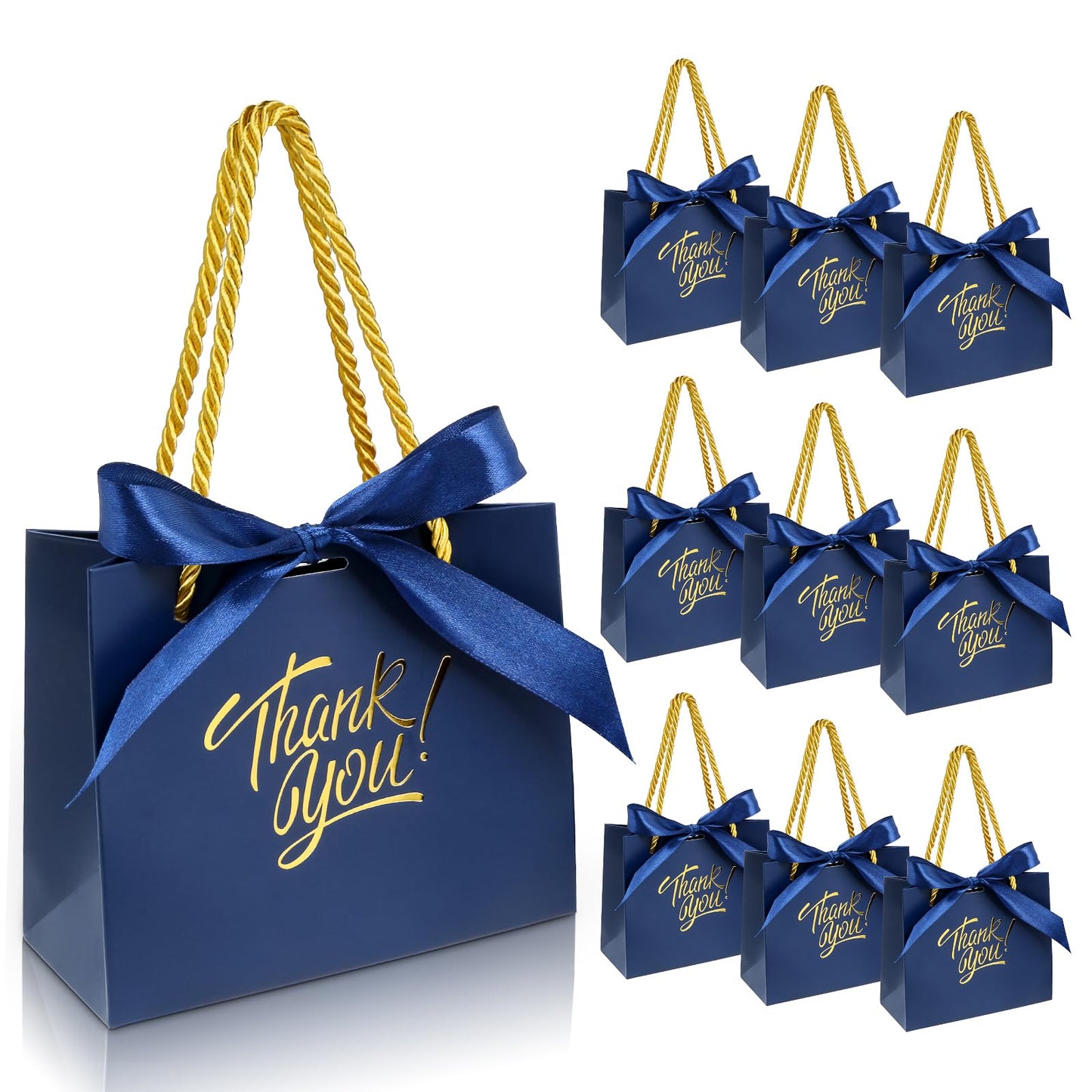 EQOREIIN 30 Pack Small Thank You Gift Bags with Handles 5.5 x 2.4 x 4.7 Inches Mini Navy Gift Bags with Bow Ribbon Tiny Party Favor Bag Bulk for Graduation Mother's Day Baby Shower Wedding (Navy)