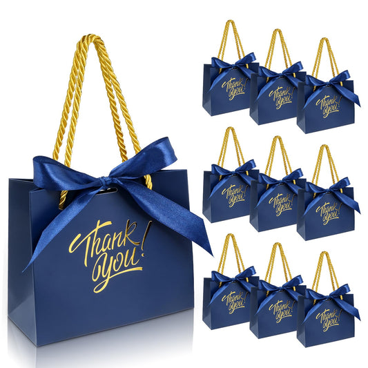 EQOREIIN 30 Pack Small Thank You Gift Bags with Handles 5.5 x 2.4 x 4.7 Inches Mini Navy Gift Bags with Bow Ribbon Tiny Party Favor Bag Bulk for Graduation Mother's Day Baby Shower Wedding (Navy)