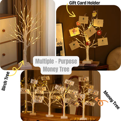 Money Tree Gift Card Holder , 24 LED Warm White Lights USB and Battery Powered, with Clips and Greeting Cards, Gift Holder Decor for Cash Photo Mother's Day Graduation Gifts