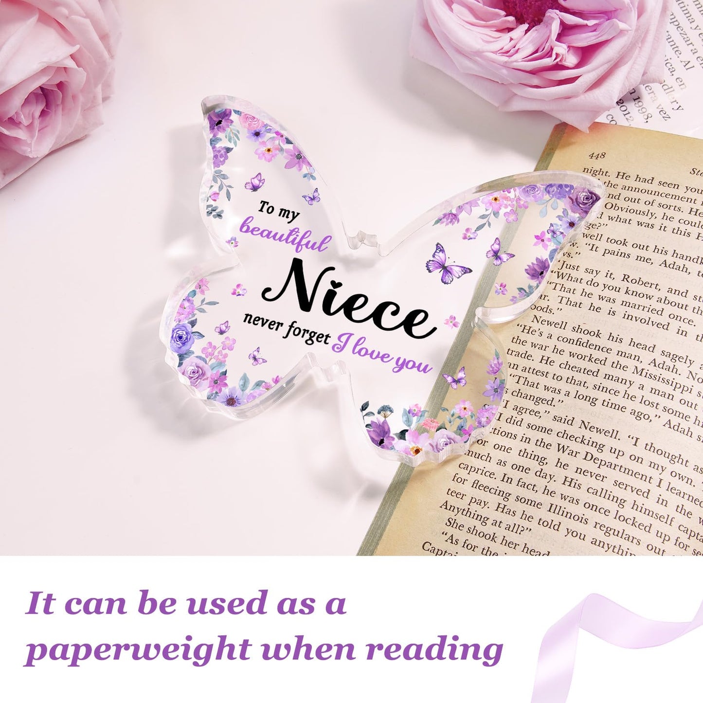 Niece Gifts from Auntie Aunt Uncle - Unique Purple Butterfly Acrylic Plaque Desk Decor - Mothers Day Christmas Valentines Day Graduation Gift for Niece - 5 x 3.8 x 0.5 inches