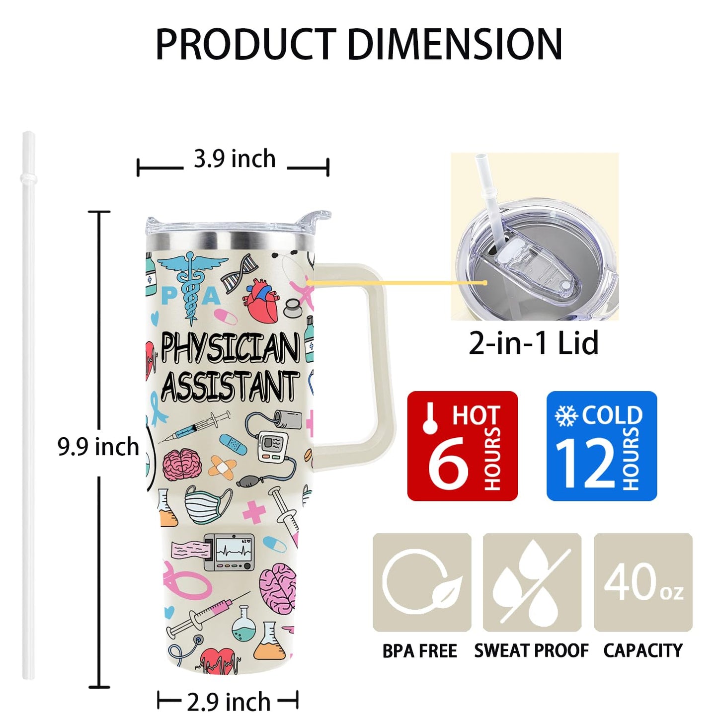 40 Oz Physician Assistant Tumbler Physician Assistant Gifts Stainless Steel Insulated Physician Assistant Travel Cup with Handle PA Physician Assistant Week Gifts for Women Men