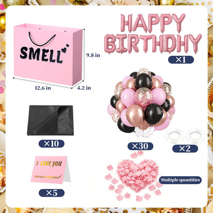 5 Senses Gift Bags for Him with Labels, 12.6"x 9.8"x 4.2" Gift Bag Tissue Paper Happy Birthday Decorations Kit with Banner, Balloons, Rose Petals, Card for Men, Women, Wedding, Valentine's Day