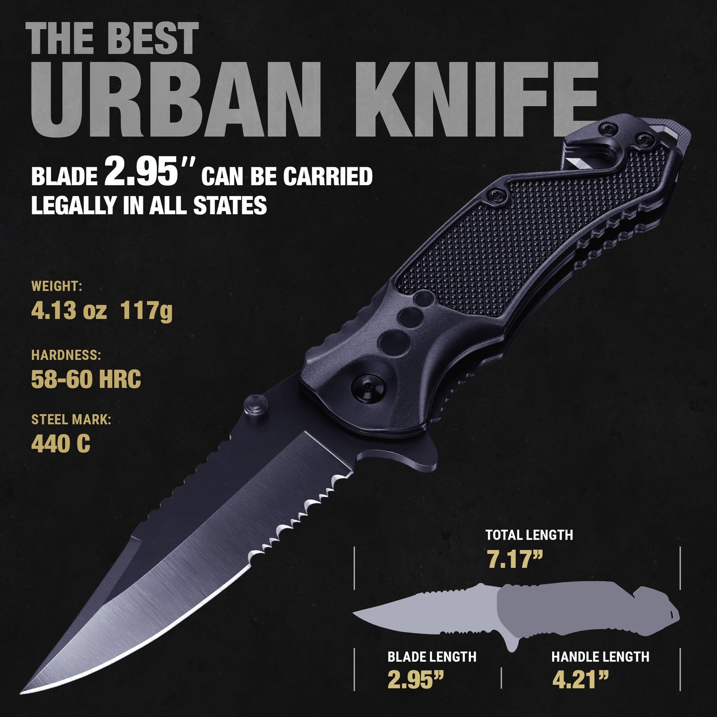 GOOD WORKER Legal Pocket Knife with 2.95” Serrated Blade, Glass Breaker, Seat Belt Cutter - EDC Sharp Folding Knives with Portable Clip - Small Tool for Tactical Camping Survival Hiking - Gifts for Men, Women