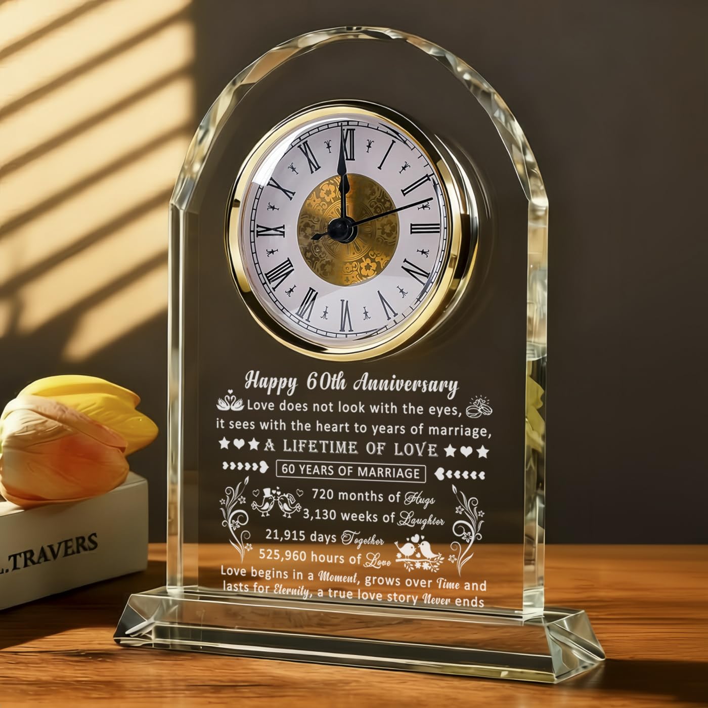 60th Wedding Anniversary Glass Quartz Clock Gifts for Women Men, 60 Year Anniversary Romantic Gift for Him Her, Diamond Anniversary Clock Gifts for Couple, 60 Years of Marriage Gifts