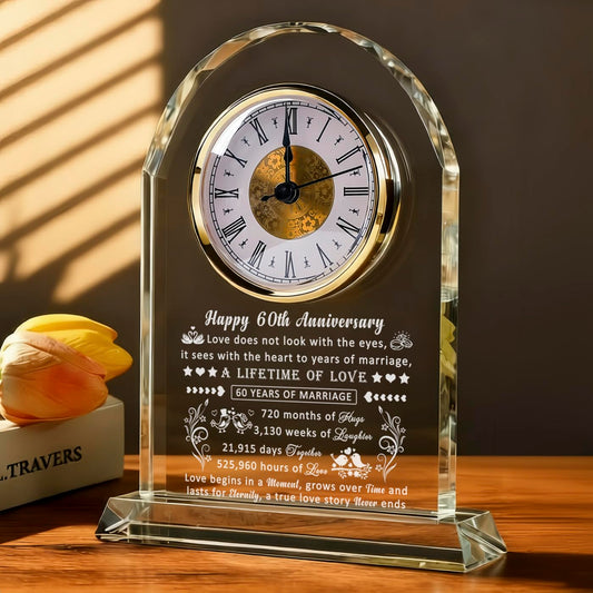 60th Wedding Anniversary Glass Quartz Clock Gifts for Women Men, 60 Year Anniversary Romantic Gift for Him Her, Diamond Anniversary Clock Gifts for Couple, 60 Years of Marriage Gifts