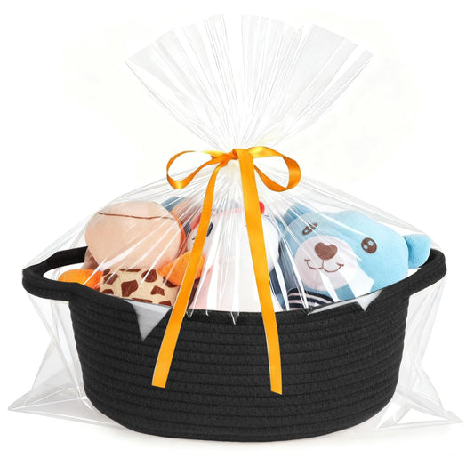 Small Woven Basket with Gift Bags and Ribbons,Cotton Rope Gifts Basket with Handles, Black, Oval Storage Organizer, 12x8x5 inches,Cute baby basket for Toys,nursery
