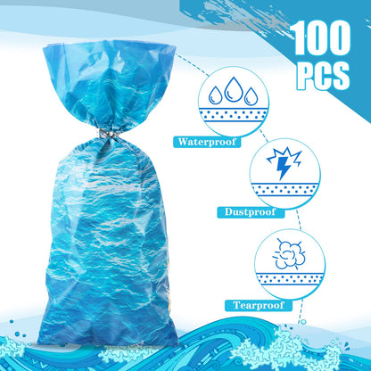 Pajean 100 Pieces Ocean Waves Cellophane Treat Bags Under the Sea Blue Ocean Party Goodie Candy Bag with 100 Twist Ties for Beach Pool Birthday Summer Mermaid Party Decoration Baby Shower Supplies