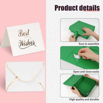 Shindel Luxury Gift Box with Lid - 10.5" x 7.5" x 3.1", Green, Magnetic, Bridesmaid Box with Ribbon and Greeting Card