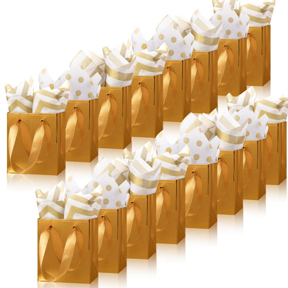 Tenare 12 Pcs Small Gift Bags Mini Paper Bags Bulk Tiny with Handle Tissue for Jewelry Gift Wrapping Father's Day Birthday Grad Graduation Party Supply(4 * 2.75 * 4.5inch,Gold)