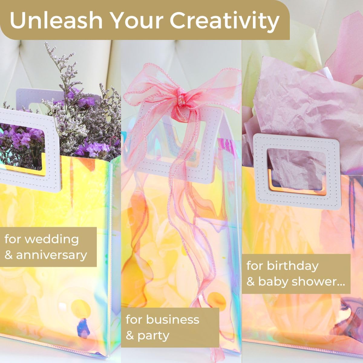 VUOJUR Holographic Large Gift Bag 12.8x11.6x5.7'' Clear Reusable Birthday Gift Bag for Women Girls Iridescent Bachelorette Wedding Christmas with Handle