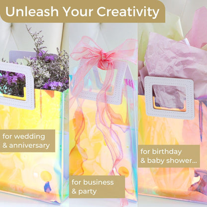 VUOJUR Holographic Large Gift Bag 12.8x11.6x5.7'' Clear Reusable Birthday Gift Bag for Women Girls Iridescent Bachelorette Wedding Christmas with Handle