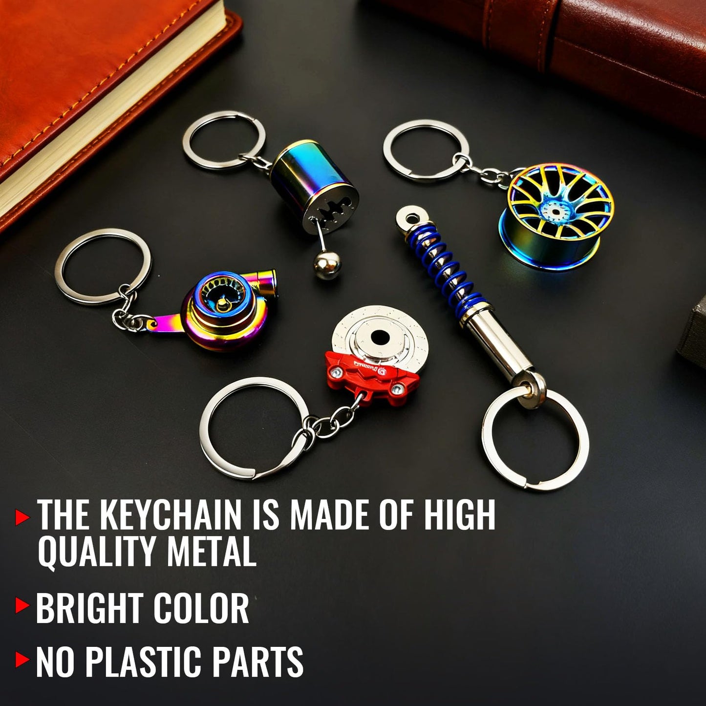 9 Pcs Metal Car Parts Keychains - Turbo, Gear Shifter, Wheel Rim, Spanner, Brake Disc, Wrench, Tongs | Cool Fun Novelty Gift for Car Guys | Men's Automotive Accessories Keyrings for Keys