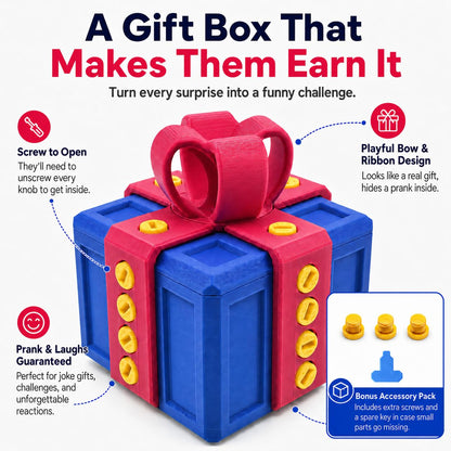 3.14" Annoying Gift Box, The Annoying Present, Prank Box with Screw, 3D Printed Annoying Gift Box, 3D Printed Hilarious Money Card Container (Blue Box with Red)