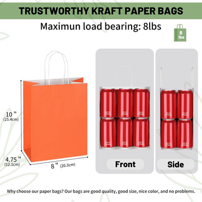 Mlyta 100 Pack 8x4.75x10 Inch Medium Orange Kraft Paper Gift Bags with Handles Bulk for Goodie, Party Favor, Brithday Grocery Shopping, Small Business Wedding Retail Craft Treat, Merchandise Sacks
