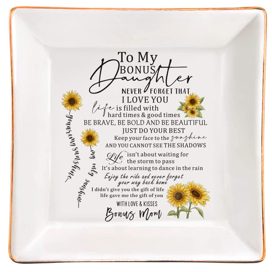 SUNBMO To My Bonus Daughter Jewelry Trinket Dish, white