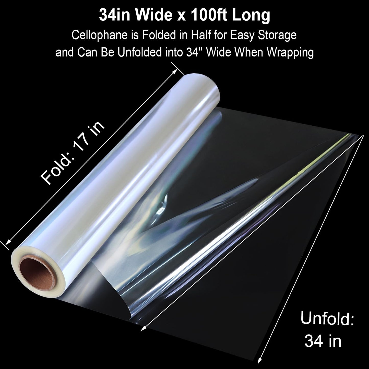SYOGUA 100 ft Extra Wide Clear Cellophane Wrap Roll, 34" x 100', Thicker Transparent Paper for Gifts, Treats, Holidays, Christmas