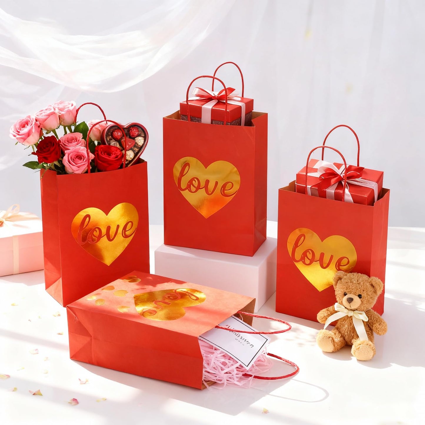 FOGWOWO 24 Pcs Valentines Gift Bags with Foiling Gold Heart in Red Gift Bags Valentines Bags Love Gift Bag Kraft Paper with Handles Goodie Bag for Wedding Birthday Holiday Party Wrapping Supplie